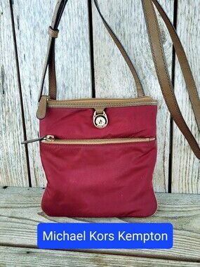 Authentic Michael Kors Kempton Burgundy Canvas Crossbody Handbag